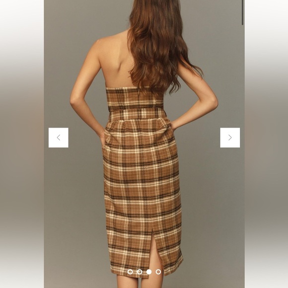 By Anthropologie Strapless Belted Midi Length Dress in Tan and Brown Plaid US6 - Picture 8 of 15